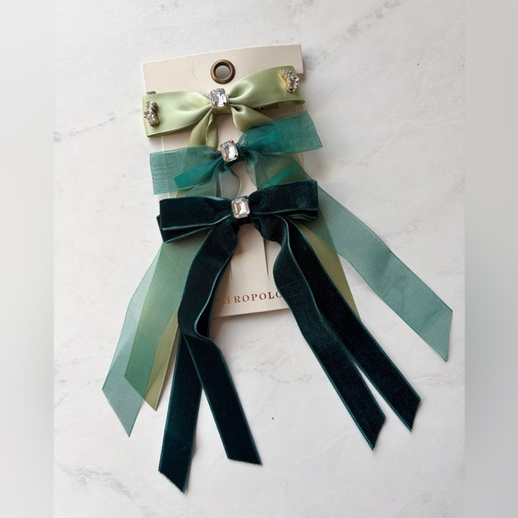 NWT Anthropologie Gemstone Bow Hair Clips Set of 3 Green - Picture 2 of 5